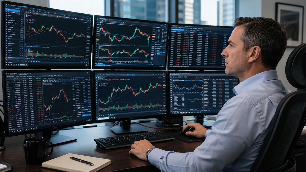 Analyst arbeitet mit mehreren Marktcharts